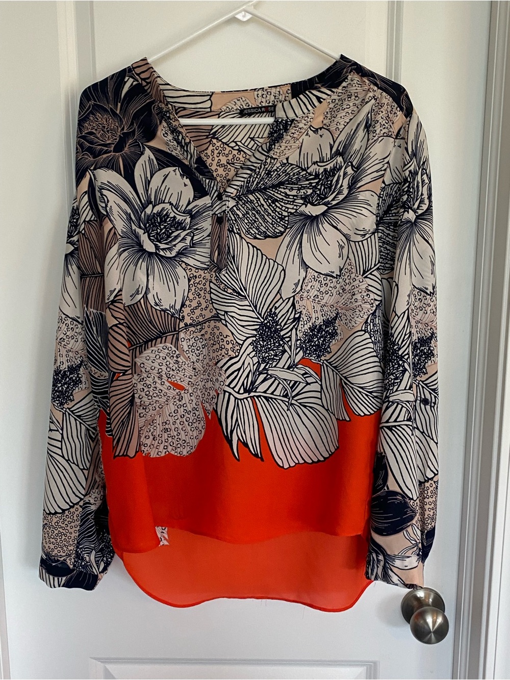Jessica Rose Popover Tunic Blouse Navy White Botanical Floral V Neck Two Button